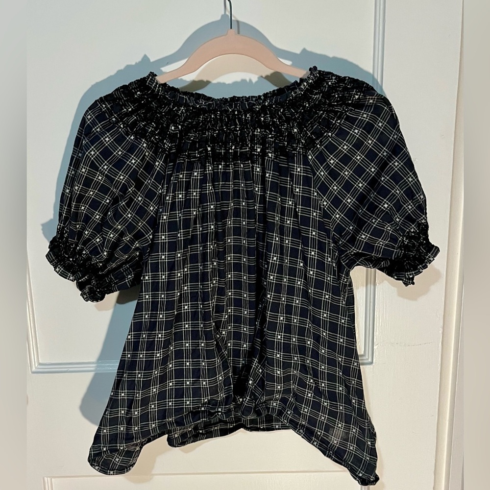 THE GREAT. Black and White Plaid Off-Shoulder Blouse